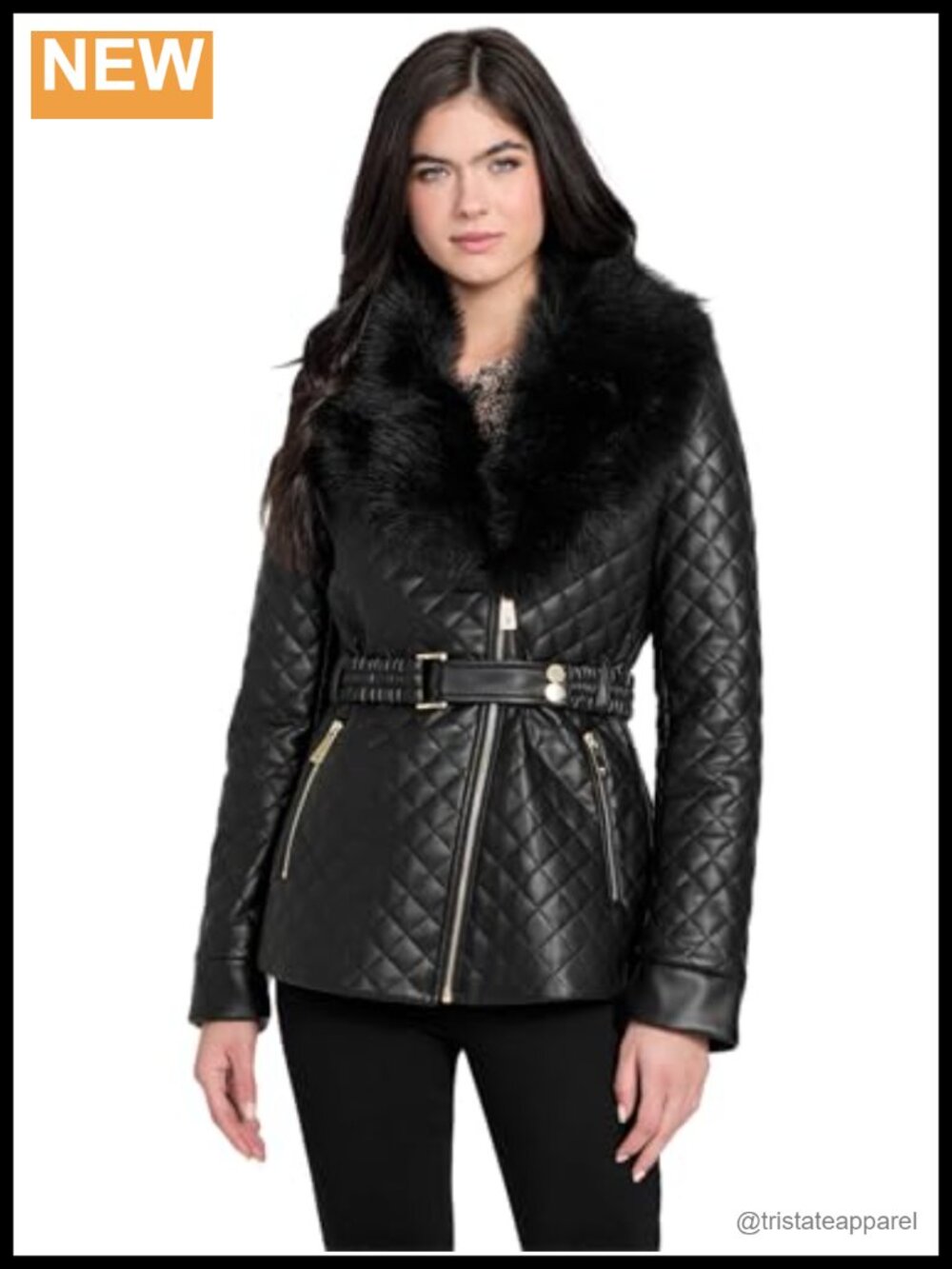Women's Quilted Faux Leather Moto Jacket with Removable Faux Fur Collar